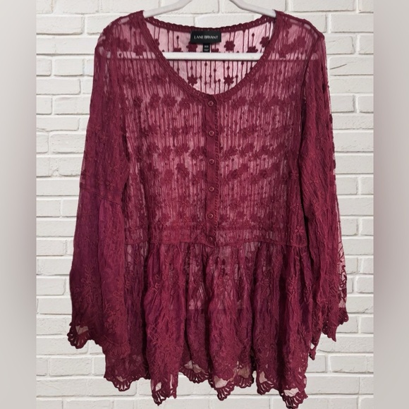 Lane Bryant Burgundy Lace Sheer Blouse Size 14/16 Bell Sleeve Boho Peplum - Picture 1 of 4